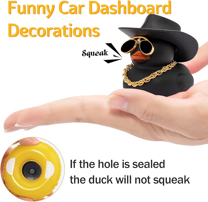 wonuu 2Pcs Car Dashboard Decorations Color Ducks, Rubber Duck for Car Ornament Accessories with Mini Hat Sunglasses Necklace and Swim Ring, A_Black Duck+Black Cowboy&Black Spots Cowboy