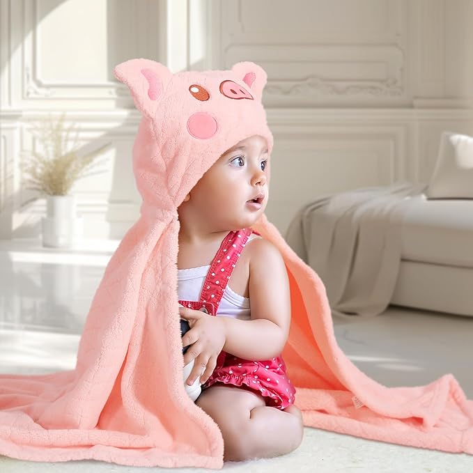 Baby Hooded Towel Toddlers, 50 x 32 Inch Large Toddler Towel Hooded Set,2-Pack Thick Animal Bath Towels,Ultra Absorbent for Kids Cozy and Warm-Bath Essential Green Giraffe and Pink Pig