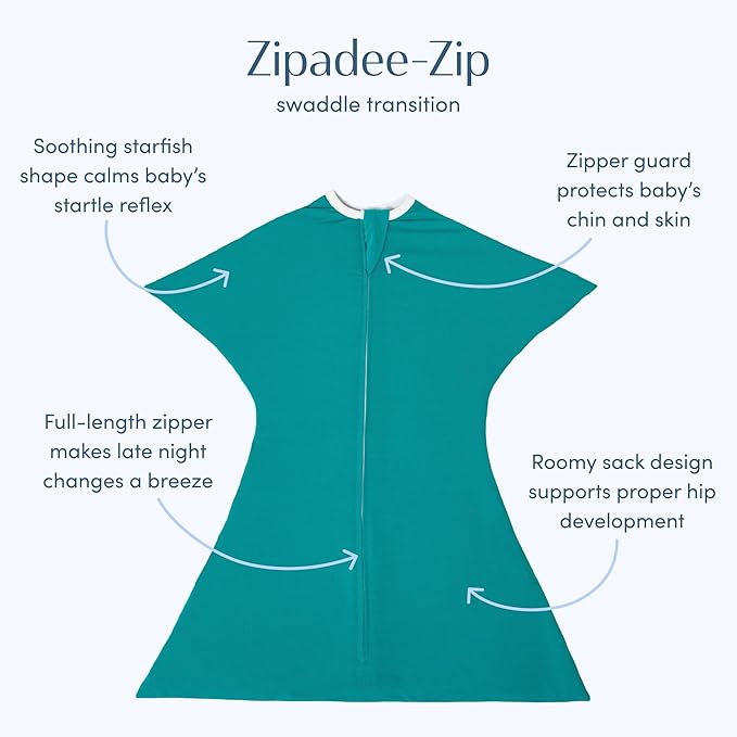 SleepingBaby Zipadee-Zip Transition Swaddle - Cozy Baby Swaddle Blanket with Zipper Convenience - Roomy Wearable Blanket for Easy Diaper Changes - Classic Teal, Small (4-8 Month)