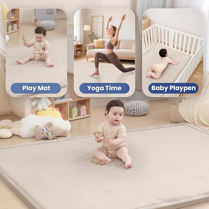 Baby Play Mat for Floor,1.3" Thick Elasti Foam Tummy Time Mat,Soft Coral Velvet Nursery Rug,79"×118" Extra Large Non Slip for Crawling,Toddlers,Infants,kids,Tatami Style for Living Room,Classroom,Playroom(Beige)