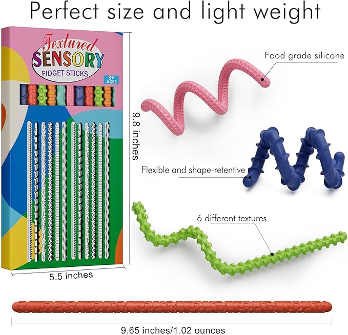 Sensory Fidget Toys for Kids Adults,12PCS Flexible Fidget Sticks for Stress Anxiety Autistic ADHD, Calm Down Travel Airplane Essentials Toys, Stuffers for Teens Kids