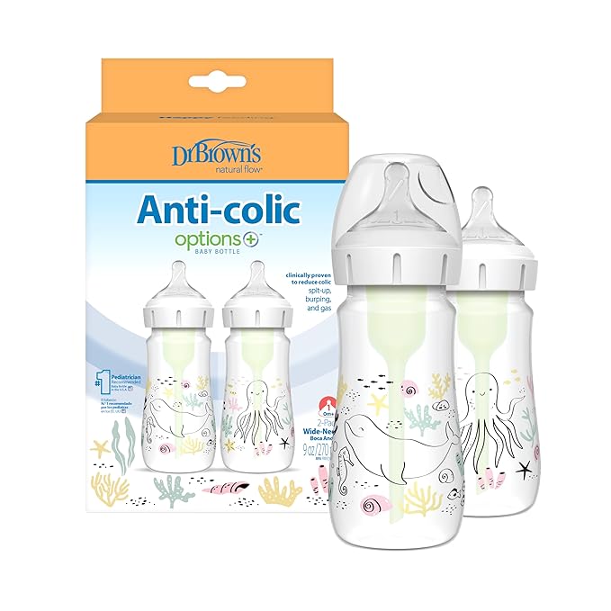Dr. Brown’s Natural Flow® Anti-Colic Options+™ Wide-Neck Baby Bottle Designer Edition Bottles, Ocean Decos, 9 oz/270 mL, Level 1 Nipple, 2-Pack, 0m+