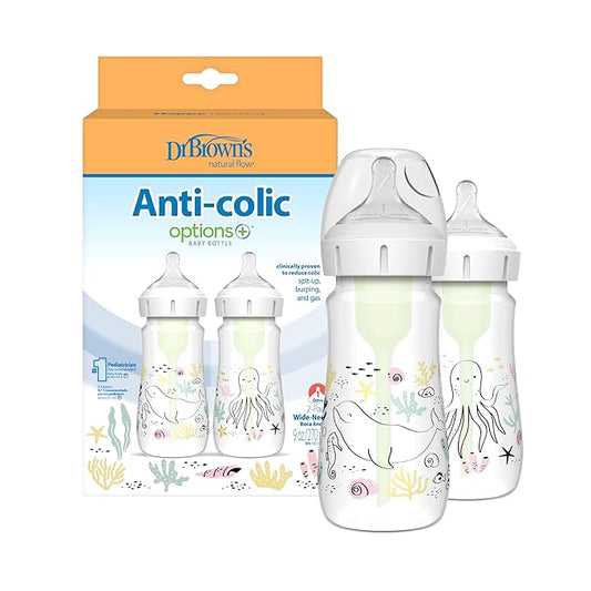 Dr. Brown’s Natural Flow® Anti-Colic Options+™ Wide-Neck Baby Bottle Designer Edition Bottles, Ocean Decos, 9 oz/270 mL, Level 1 Nipple, 2-Pack, 0m+