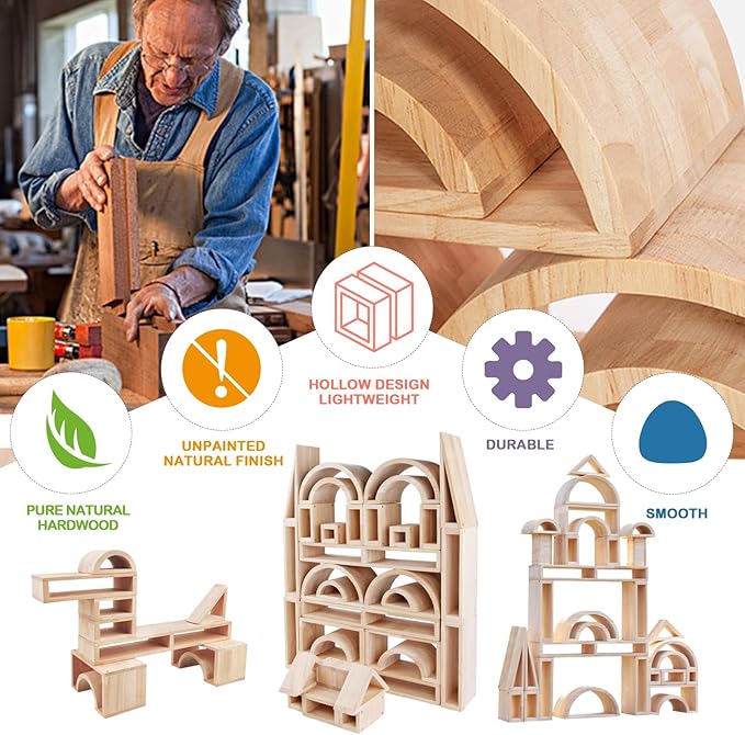 Xylolin Over-Sized Hollow Wooden Block Set for Kids, Natural 29 Piece Set of Large Wood Blocks, Preschool Toddler Building and Stacking Blocks, Wooden Toys Building Blocks for Kindergarten