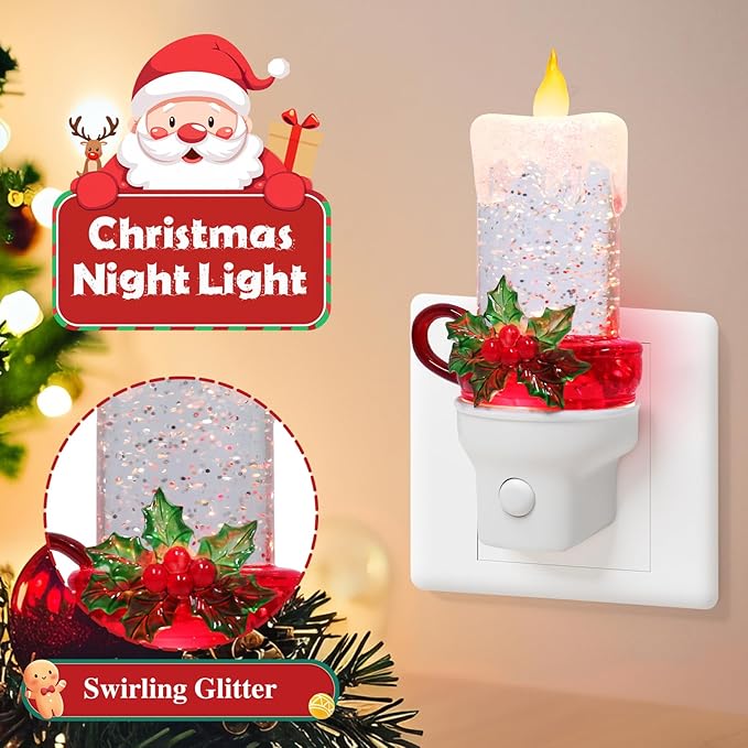 2 Pack Christmas Candle Night Light Plug into Wall Glitter Water Nightlight with USB/Outlet Options, Christmas Decorative Nightlight for Bedroom Kitchen Nursery Holiday Decorations Gifts (Candle)