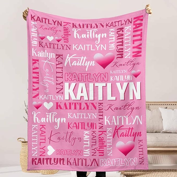 Personalized Baby Blanket for Girls Boys, Custom Name Blanket Pink and Hearts Pattern for Baby Shower, Fuzzy Blanket for Infant or Newborn Receiving Blanket for Crib, Stroller, Travel