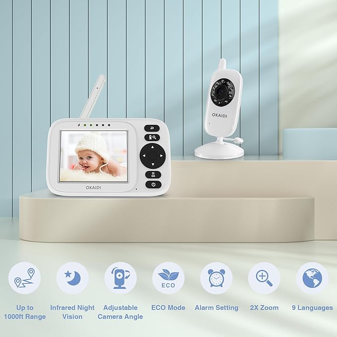 OKAIDI Baby Monitor with Camera and Audio, 3.2" IPS Screen Video Baby Monitor No WiFi, Infrared Night Vision, VOX Mode, Sound Activated Screen, 1000ft Transmission Range