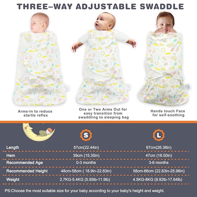 Swaddle-Blanket Baby Girl & Boy Swaddles Newborn Infant Transition 100% Cotton Wrap Blankets, 3-Way Adjustable Wearable Blanket, TOG 1.0 (Rainbow, 3-6 Month)