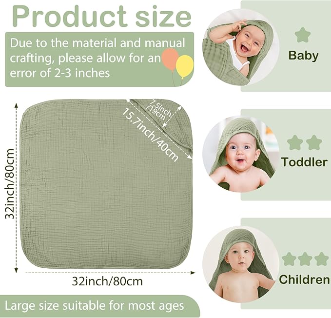 Peryiter 4 Pcs Muslin Hooded Baby Towels, 32"x 32" Cotton Newborn Bath Towel Muslin Infant Baby Blankets Absorbent Unisex Christmas Registry Gift Essentials for Girls Boys (Green,Gray,Beige)