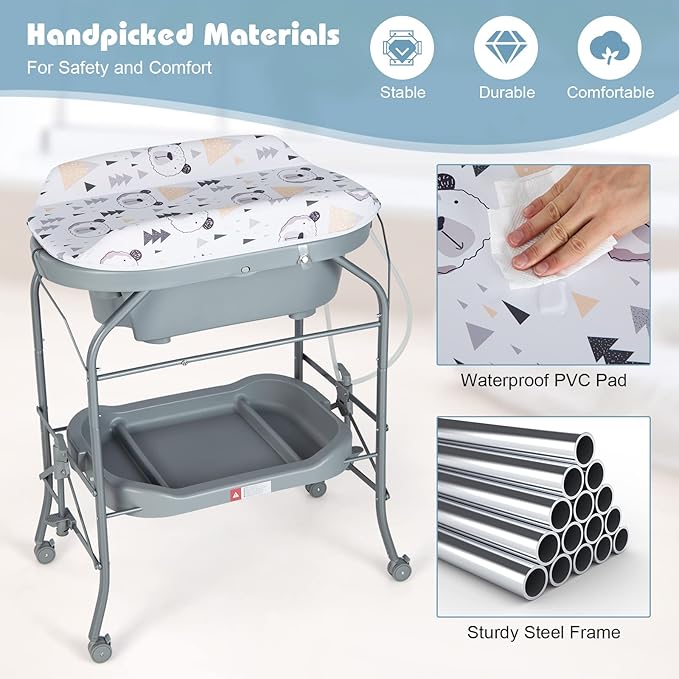 HONEY JOY Baby Changing Table with Bathtub, Foldable Infant Diaper Changing Station with Wheels, Storage Tray, Waterproof Pad, Portable Newborn Nursery Organizer Bath Stand for Boys Girls (Gray)