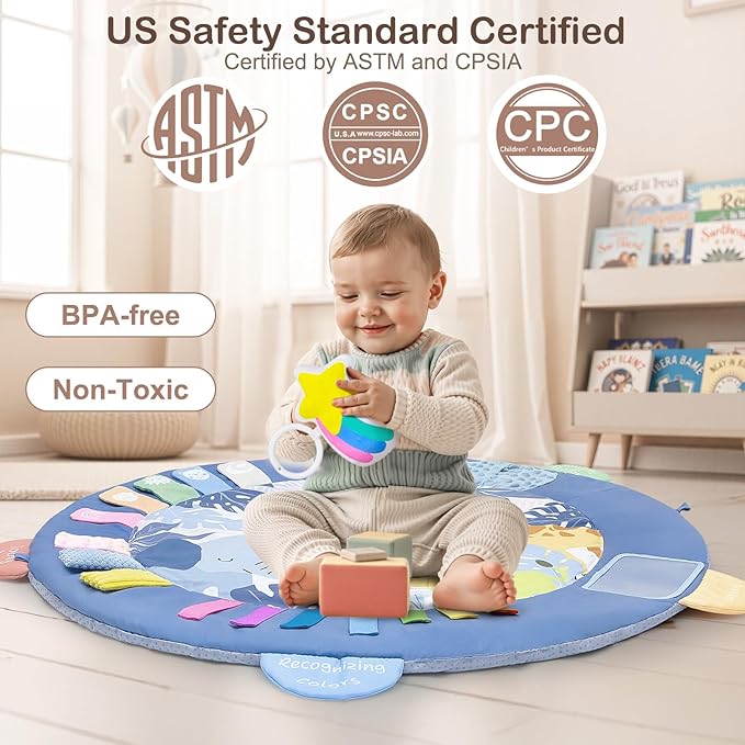 Baby Play Gym Mat Tummy Time Mat, Washable Baby Activity Play Mat for Sensory, Visual, Hearing, Touch Development, Baby Toys Shower Gift for Newborn