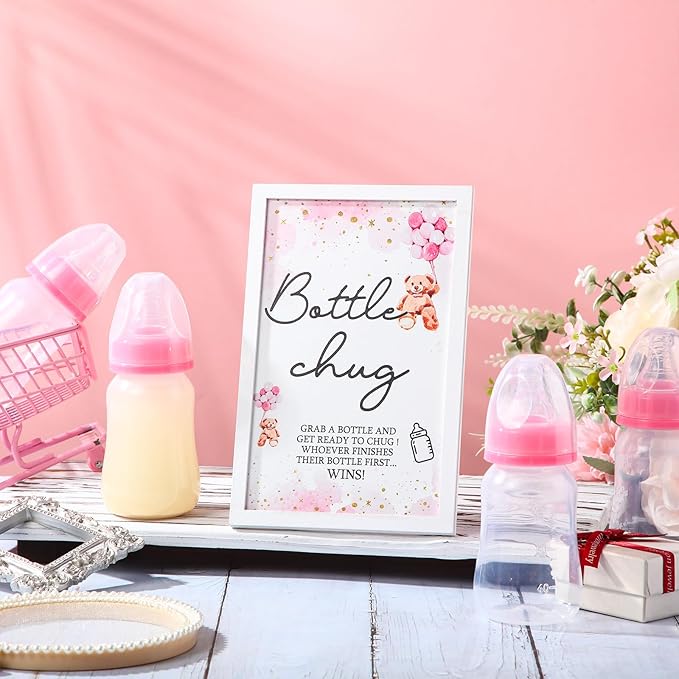 Roowest Bottle Chug Baby Shower Game Favors Including Pink Bear Theme Wooden Sign and 18 Pcs Baby Bottles for Gender Reveal Party Supplies