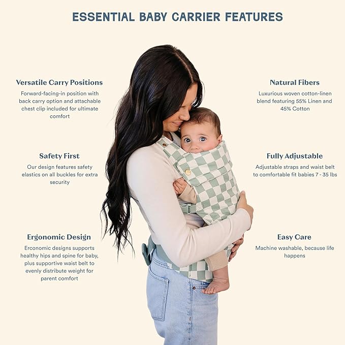 Ava & Oliver Essential Baby Carrier – Ergonomic, Hip-Healthy Soft Structured Carrier for Infants & Toddlers (7–35lbs) - Front and Back Carry, Breathable Fabric, Stylish & Lightweight (Olive Checker)