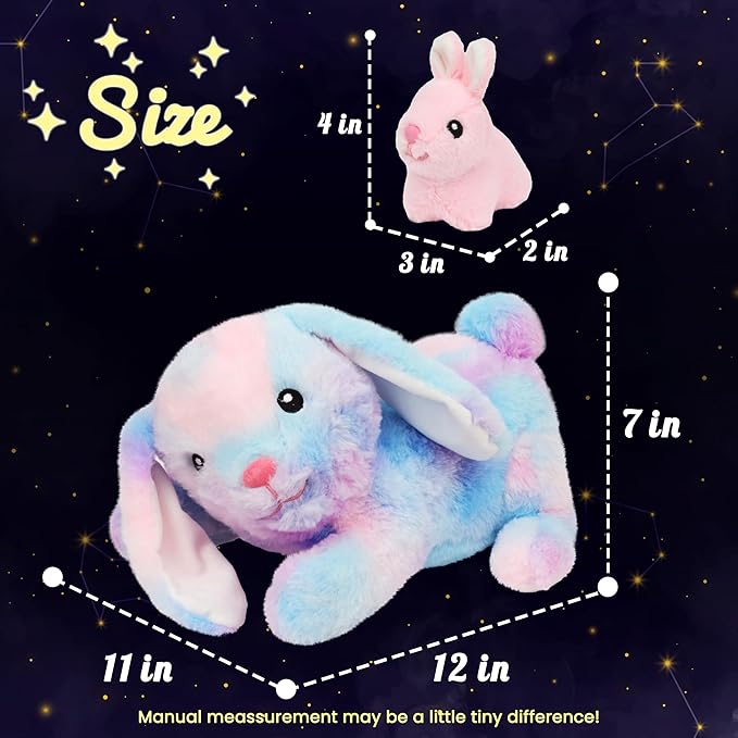 Hopearl LED Stuffed Rabbit Lighting Up Bunny Plush Toy Playset Mommy with 3 Babies in her Tummy Lullaby Animated Soothe for Mom Kids Toddler Girls, Rainbow, 12''