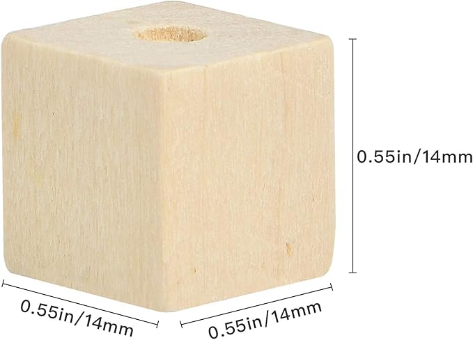 Supkiir Wood Craft Cubes - 100 Pack 1/2" Cubes with Holes, Unfinished Solid Beads Blocks for DIY Projects