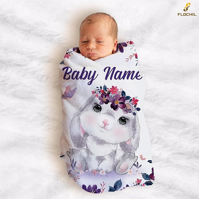 FLOCHIL Personalized Baby Blanket for Girls, Custom Baby Blanket with Name, Customized Baby Products, Gift for Baby, Newborn, Baby Shower (Bunny 2)