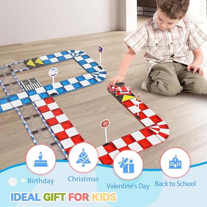 Magnetic Tiles Road Set & Racing Track Expansion Pack, Magnetic Blocks Building Toys for 3+ Year Old Boys Girls, STEM Magnetic Toys Magnetic Tiles for Toddlers 3-5 4-8