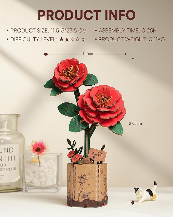 3D Flower Wooden Puzzles for Adults-Red Camellia, DIY Wooden Flowers Model Kit Building Set Crafts for Adults to Build, Botanical Collection/Ideal Creative Gift Ideas/Housewarming (113PCS)
