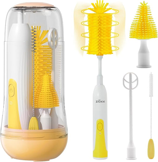 Electric Bottle Brush Cleaner, Portable Electric Baby Bottle Brush Cleaner for Travel, Rechargable Travel Bottle Cleaner Kit with Nipple & Straw Brush, Perfect Mom Essentials After Birth Gift, Yellow