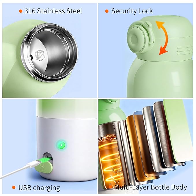 Portable Bottle Warmer, Large 12oz Capacity with Dual Heating Modes for Breast Milk & Water, Smart Temperature Control, Long Battery Life, Bottle Warmer for Outdoor, Airplane & Car Travel, Green