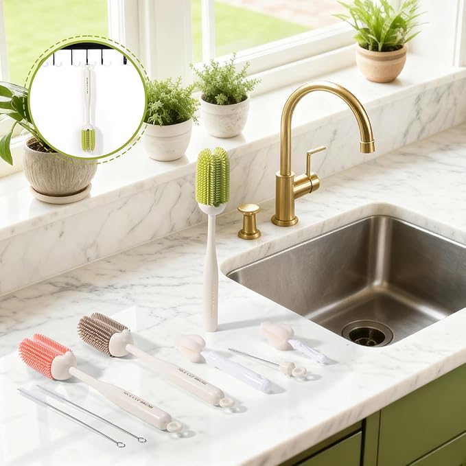 5-in-1 Baby Bottle Brush Kit, Silicone Bottle Brush for Baby Bottle and Breast Pumps, Sponge Nipple Brush with Replaceable Brush Head, Straw Brushes, Green