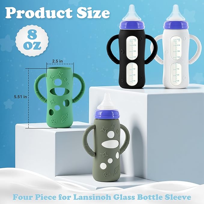 4-Pack Silicone Sleeves for Lansinoh Glass Bottles 8 oz- Starry Sky Design Baby Bottle Holder with Handles,Protectors for Lansinoh Natural Wave Glass Bottles, Anti-Scald Feeding Supplies
