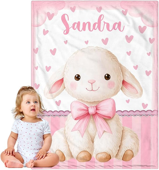 Personalized Baby Blanket for Girls, Custom Baby Blanket with Name, Soft Cozy Personalized Name Blankets for Kids, Customized Sheep Blanket for Infant Toddler Birthday Christmas