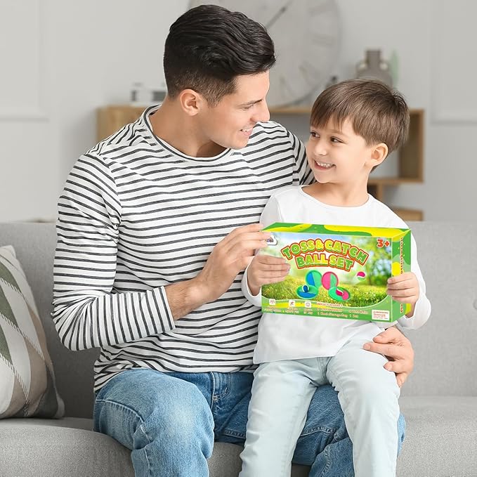 ZMLM Toss Catch Ball Beach Toy: Upgraded Kid Outdoor Game Pool Backyard Lawn Sport Activity Fun Outside Indoor Family Set for Age 3-12 Girl Boy Kid Birthday Summer Gift with 4 Paddles 4 Throw Balls