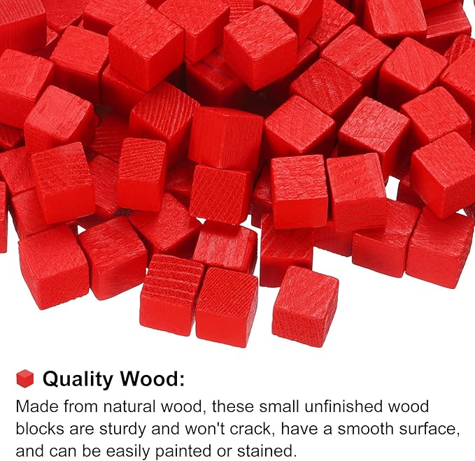 uxcell 300Pcs Wood Blocks for Crafts, 1cm Unfinished Wood Cube Solid Wooden Blank Square Block for DIY Craft Projects Personalized Gifts, Red