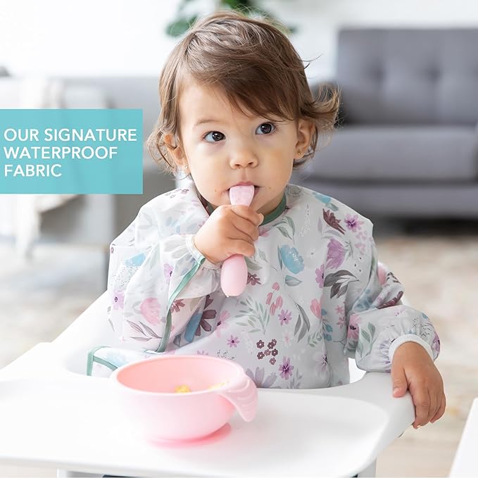 Bumkins Sleeved Bib for Girl or Boy, Baby and Toddler for 6-24 Mos, Essential Must Have for Eating, Feeding, Baby Led Weaning Supplies, Long Sleeve Mess Saving Food Catcher, Soft Fabric, Floral Gray