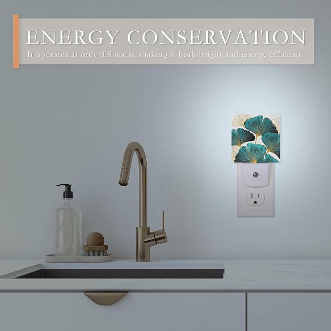 Night Light,Green Ginkgo Leaves Night Lights Plug into Wall for Boys Girls Bedroom Decorative Half Round Nightlight Led Lamp 0.5W Sleep Friendly