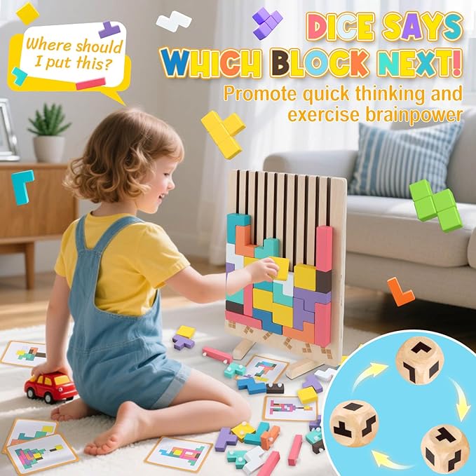 JONEG Games for 3+ Year Olds Kids- Wooden Stacking Puzzles Tetris - Brain Teasers 3D Russian Blocks Board - STEM Montessori Toys for Ages 3 4 5 6 7 10 - Gift for Toddlers Classroom Travel