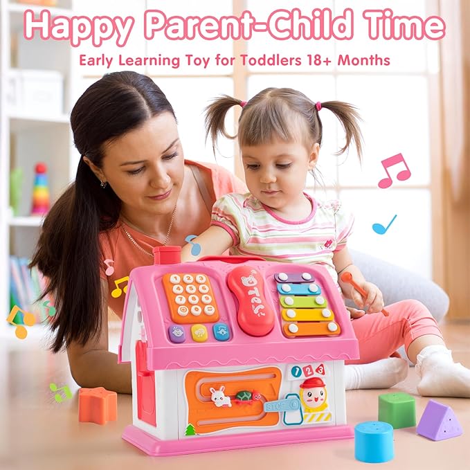 Montessori Toys for 1 Year Old, Baby Music Toys for 1 Year Old Girl Gift, 12-in-1 Musical House Toddler Learning Toy for 1 2 3 Ages, First Birthday Gifts for Girls and Boys, Educational Toy, (Pink)