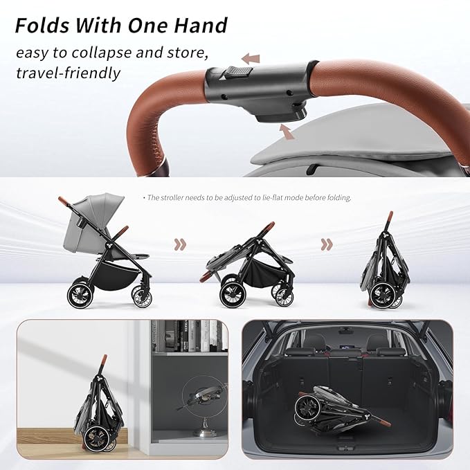Tinyiota Baby Stroller for Kids,Toddler Stroller with Large UPF 50+ Canopy,Luxury Strollers with Leather Handle & Spacious Seat, One-Hand Foldable Pushchair,Baby Carriage with Lie-Flat Mode(Gray)