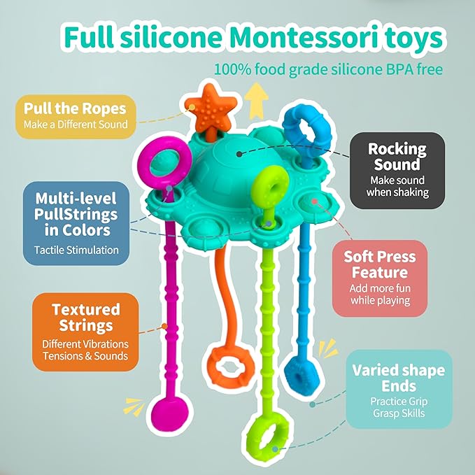 Montesorri-Toys - Montessori Pull String Toy - Made of 100% Food Grade Silicone with Built-in Rattle Function and Easy to Clean Design (Spearmint)