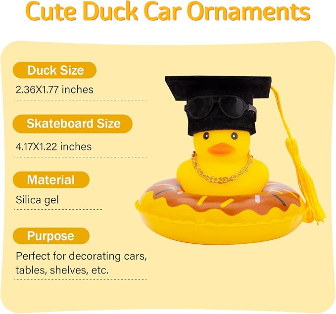 wonuu Car Rubber Duck, Yellow Duck Decoration Dashboard with Sun Hat Swim Ring Necklace Sunglasses for Car Dashboard Decorations
