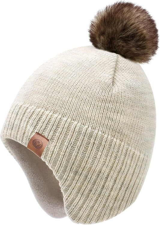 Duoyeree Kids Beanie Hat for Boys Girls Pom-pom Kint Hats Cozy Lining Winter Skull Cap