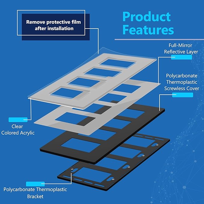 LIDER Quadruple Decorator Wall Plate, Impact Resistant, Mirrored Acrylic Plexiglass Reflective Finish Modern Upgrade Screwless Light Switch Outlet Cover Mid-Size 4-Gang 4.88" x 8.58" Silver