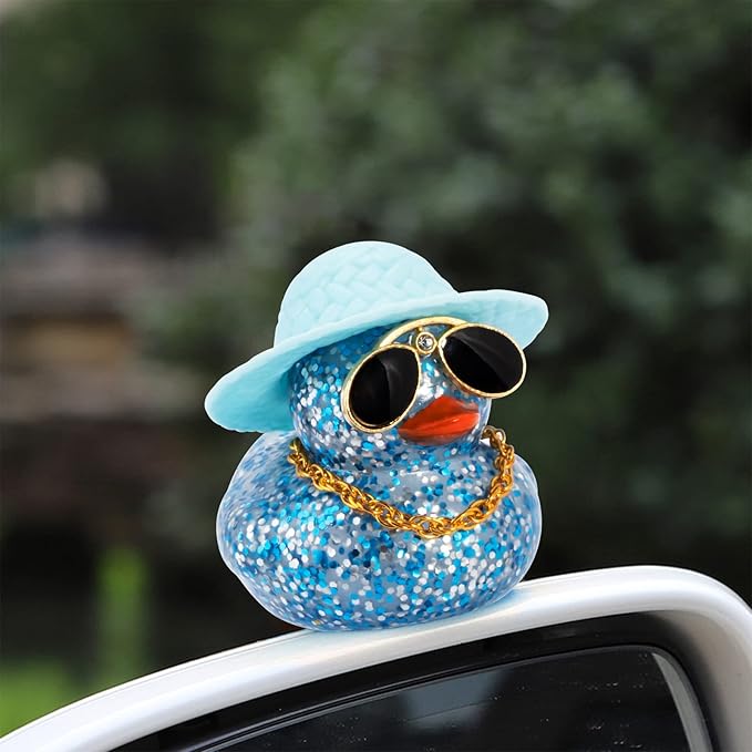 wonuu 2Pcs Car Dashboard Decorations Color Ducks, Rubber Duck for Car Ornament Accessories with Mini Hat Sunglasses Necklace and Swim Ring, A_Pink&Blue Duck+Pink Cowboy&Blue Sun Hat