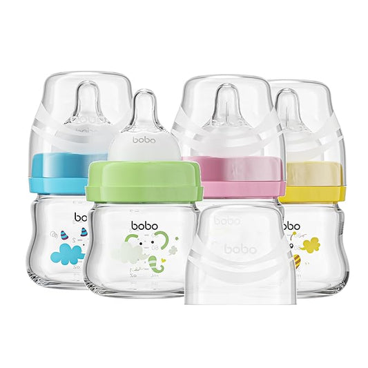 YOHKOH Glass Baby Bottles with Slow Flow Nipple, Newborn Anti-Colic Baby Bottles for 0+ Months, Wide Neck Feeding Bottle, Clear (Multicolour, 2.7oz (Pack of 4))