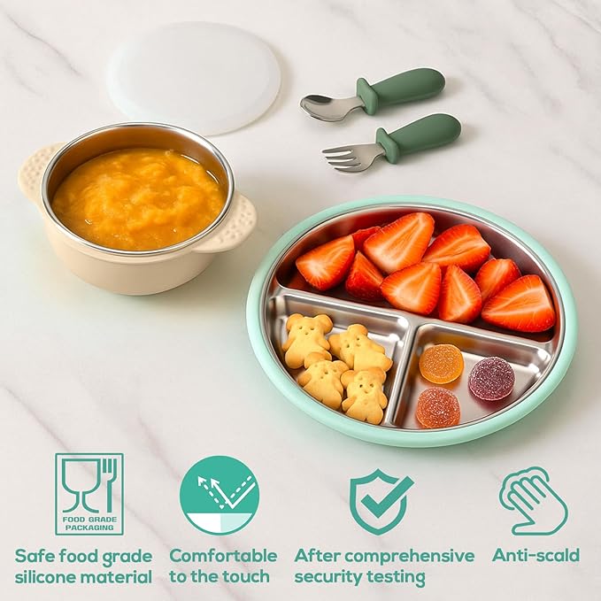 Mity rain Stainless Steel & Silicone Toddler Plates and Bowls Set with Suction,10-Piece Suction Plates & Bowls for Toddler,Removable Shell,Silicones Baby Plates for Independent Eating.