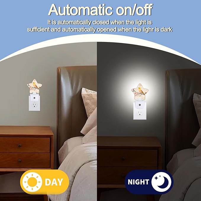 Bird Vintage Nightlight,Pink Cherry Blossoms Star Night Lights Plug into Wall Decorations for Bedroom Bathroom,Dusk to Dawn Sensor Kitchen Hallway Stairs Energy Efficient Desk Lamp