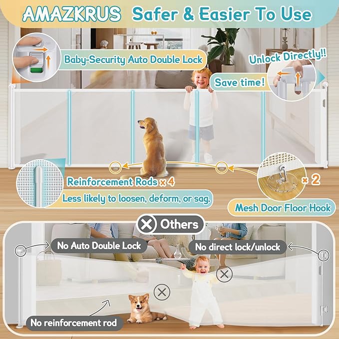 160'' Retractable Baby Gates Extra Wide, 42" Extra Tall Retractable Dog Gate for Doorways,13 Foot Safety Upgrade Extra Long White Retractable Baby Gate for Stairs, Indoor/Outdoor Retractable Gate
