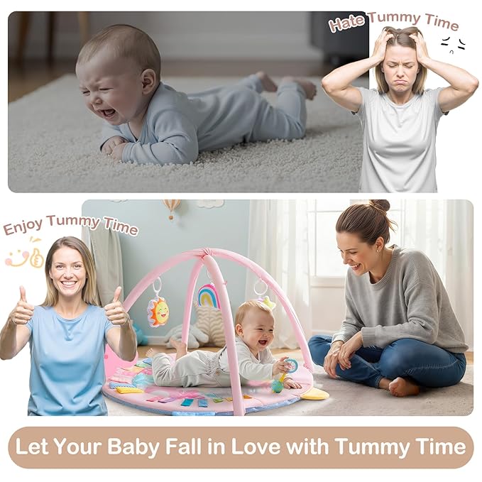 Baby Play Gym Mat Tummy Time Mat, Washable Baby Activity Play Mat for Sensory, Visual, Hearing, Touch Development, Baby Toys Shower Gift for Newborn