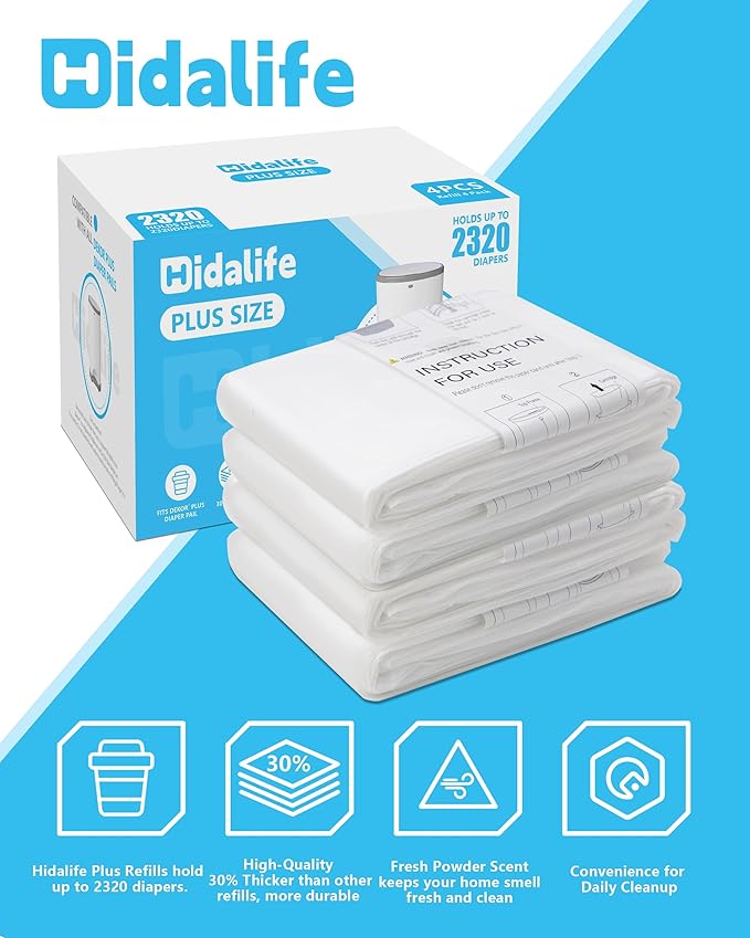 HIDALIFE Refills Compatible with Dekor Plus Diaper Pails, Disposable Diaper Trash Bags, Extra Thick Diaper Pail Refill Liners, Hold Up to 2320 Diapers (4 Pack)