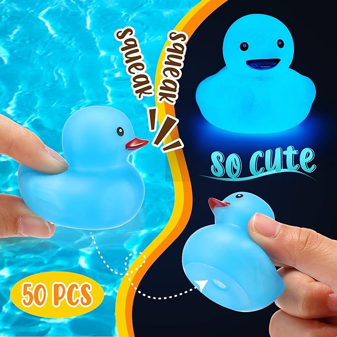 Tradder 50 Pcs 2 Inch Glow in The Dark Rubber Ducks Bulk Summer Rubber Float Ducks Light for Pool Bath Bathtub Baby Shower Autumn Halloween Christmas Party Favors Gift(Blue)