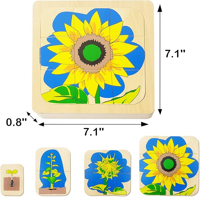 Montessori Wooden Puzzles for Kids Ages 4-8, 4 Layer Life Cycle Of Sunflower Jigsaw Puzzle for Toddlers, Children Preschool Learning Educational Puzzles Summer Toys Gift for Boys and Girls (Sunflower)