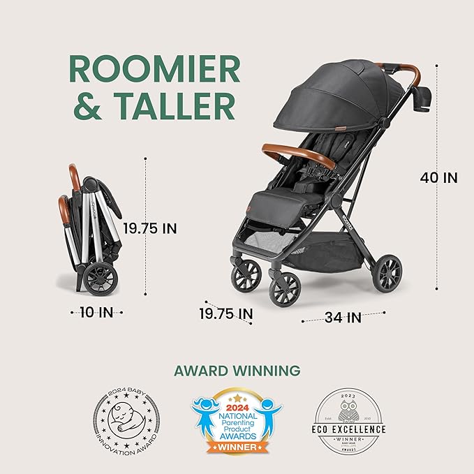 Bombi Bēbee V2 Lightweight Baby Stroller - Premium Vegan Leather, One-Hand Fold, Infinite Recline, Aircraft-Grade Aluminum Frame, XXL Canopy, and Ample Storage Umbrella Stroller - Hickory