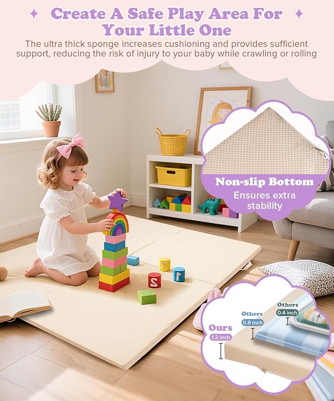 59x59Inch Baby Play Mat Foldable | Waterproof Playmat Infant | Soft Padded Foam Floor Mat for Kids Playroom | Non-Slip Crawling Removable Cover Washable Crawling Playmat Child