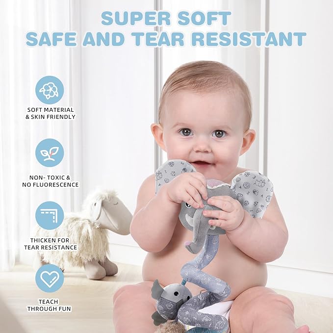 Jollybaby Crib Stroller Car Seat Toys for Baby 0-3-6-9-12 Months, Tummy Time Hanging Sensory Toys for Newborn with Music Box and Teether, Spiral Carseat Toy for Boys Girls Gifts (09-Sz Gray Elephant)